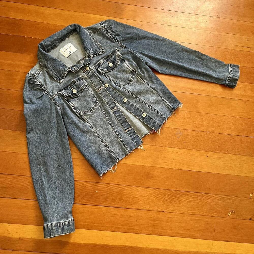 Celebrity Pink Vintage Wash Raw Hem and Puff Sleeve Denim Jacket, Size XL